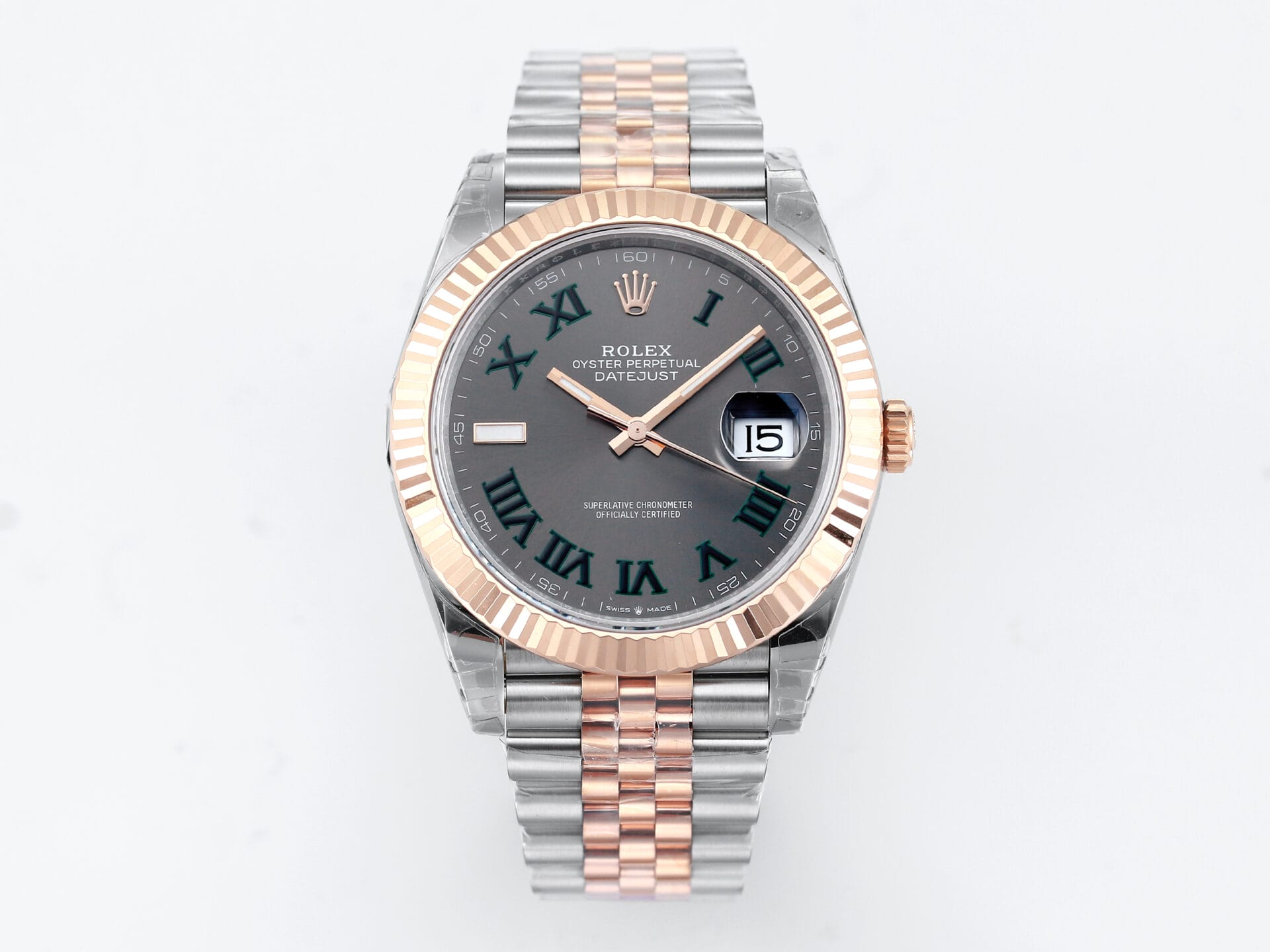 VS Factory (VSF) Rolex DateJust 41 126231 Gray Dial Green Roman Markers SS RG Jubilee VS3235 Movement 3 1 6 scaled